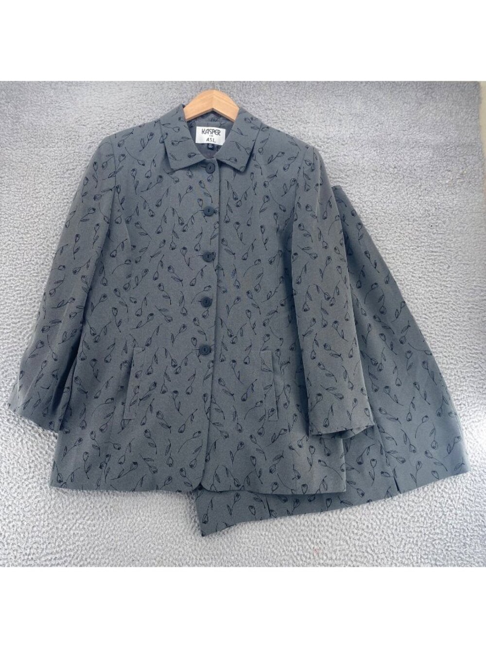 Kasper Suit Set Womens 16 Gray Floral Button Up Jacket Knee Pencil Skirt Career
